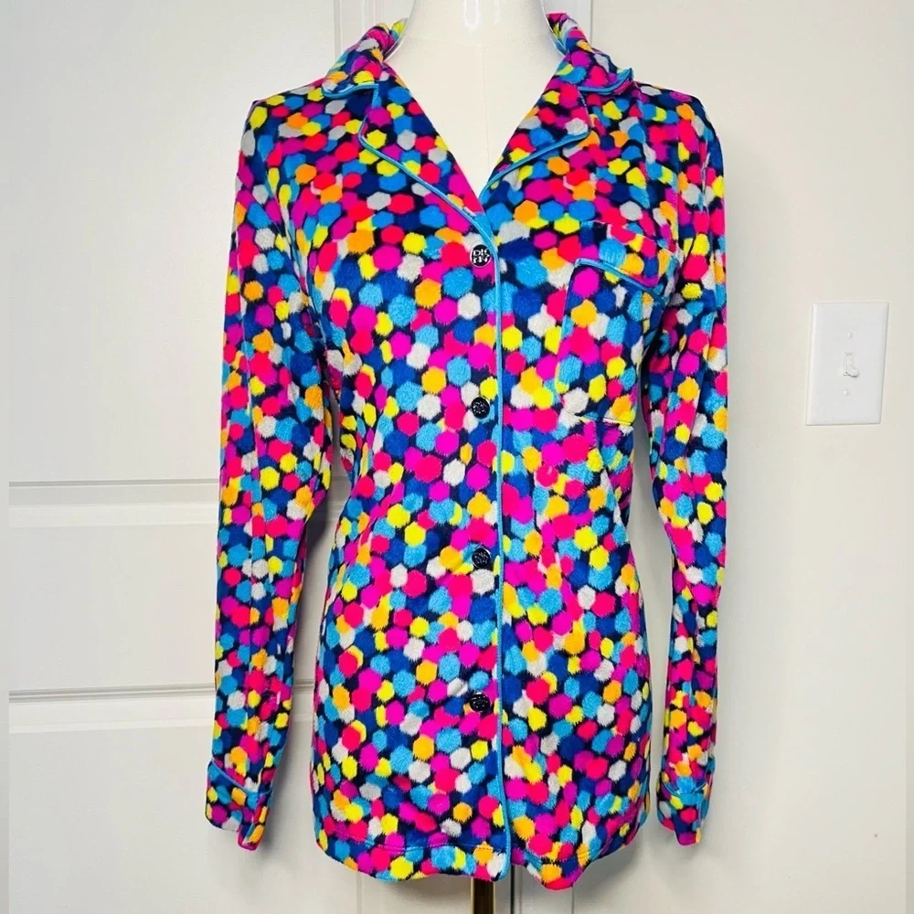 DKNY Multicolor Polka Dot Fleece Button Down Pajama shirt Sz S